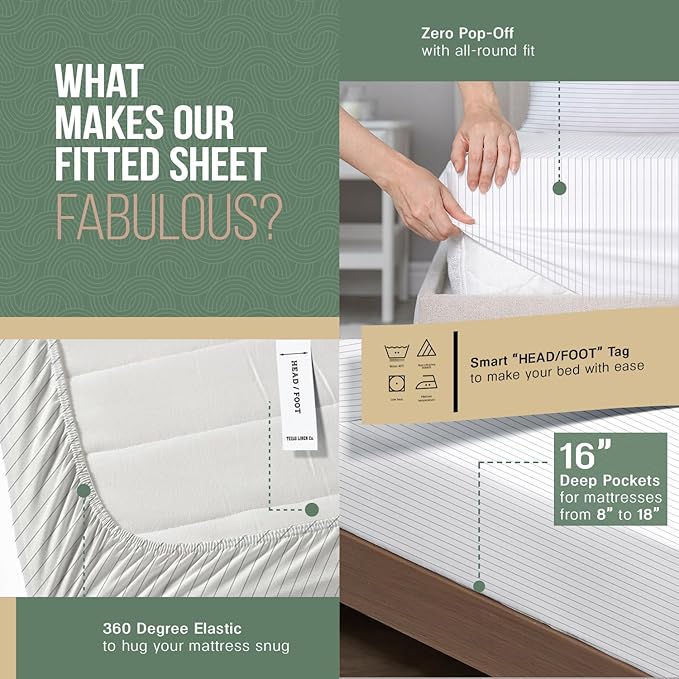 TEXAS LINEN CO. 100% Organic Cotton Printed Sheets King Size - 4 PC Organic Cotton Percale Sheets King Set (Pinstripe - Light Grey), Cooling & Breathable Sheet, 16" Deep Pocket - GOTS Certified