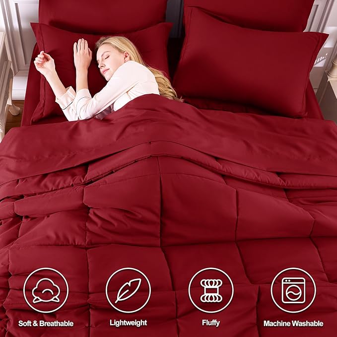 CozyLux King Size Comforter Set Dark Red - 7 Pieces Bed in a Bag King, Okeo-Tex Certifited Bedding Set, All Season Soft Bed Set with Down Alternative Comforter, Sheets, Pillowcases & Pillow Shams