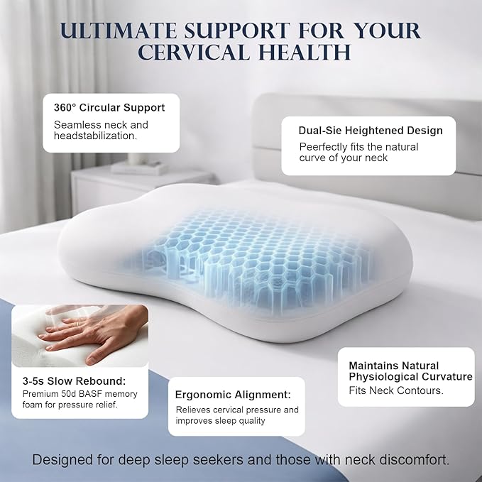 doudou Cervical Pillow for Side Sleepers - Neck Pain Relief Pillow with 3-5 Second Slow Rebound Memory Foam, 360° Ergonomic Support & Cooling Odor-Resistant Pillowcase for Home, Bed, Dorm Use