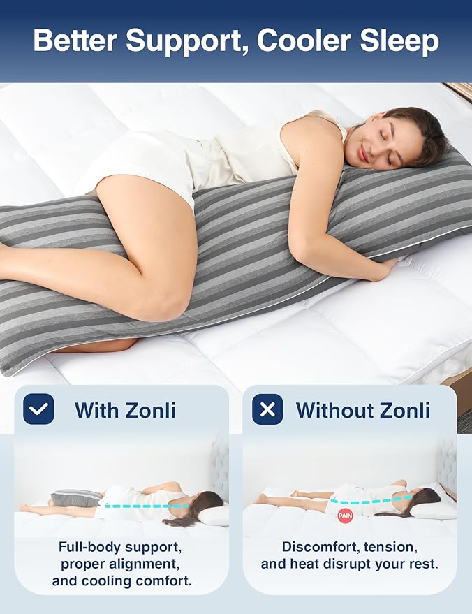 ZonLi Cooling Body Pillow for Adults, Long Pillow with Memory Foam Adjustable, Firm Support Body Pillow for Side Sleeper, Pregnant, Back Pain Relief, Washable Pillowcase, 20x54 inch, Grey