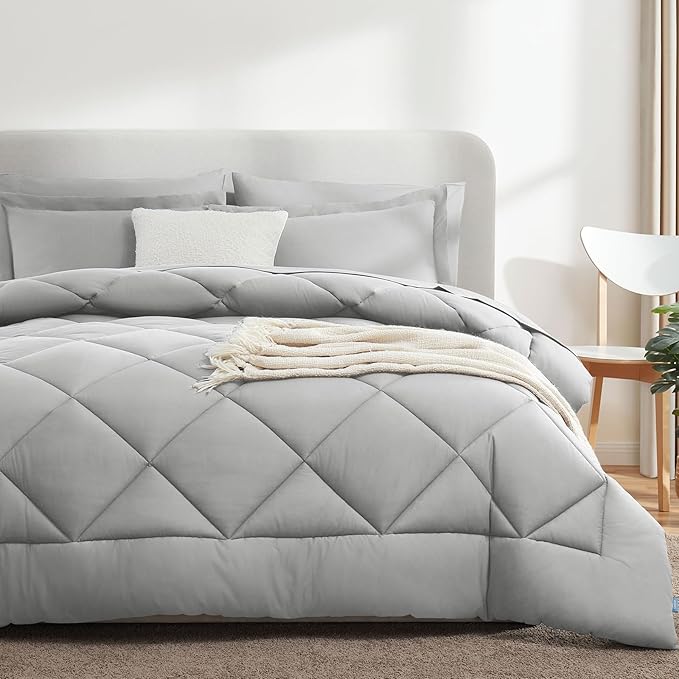 CozyLux California King Comforter Set Light Grey - Cal King Bed in a Bag 7 Pieces, Luxury Soft Bed Set for All Seasons, Bedding Set with Down Alternative Comforter, Sheets, Pillowcases & Shams