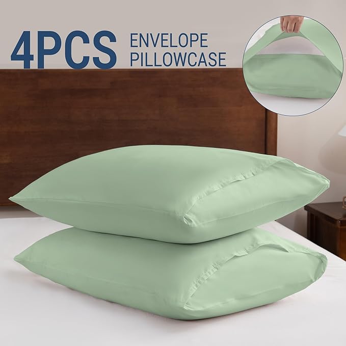Pillowcases Queen 4 Pack, 20x30 Pillow Cases with Envelope Closure, Soft Plain Brushed Microfiber Covers Breathable Wrinkle-Resistant, Sage Green