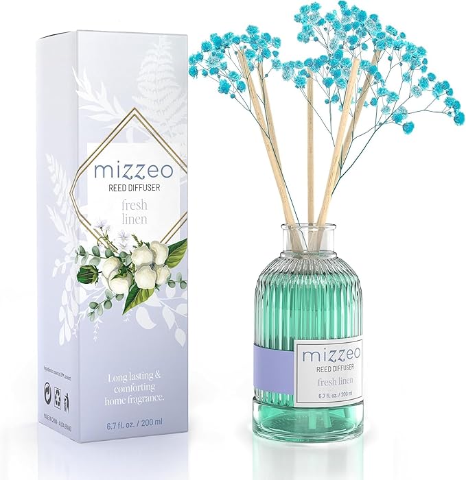 Reed Diffuser Set, Fresh Linen 6.76 fl oz Highly Scented Room Diffuser Home Fragrance Essential Oil Reed Flower Diffuser, House Bedroom Office Decor & Gifts
