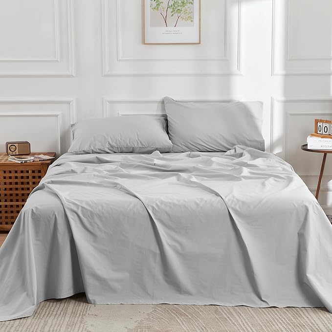 DOZ 100% Long Staple Cotton Sheet Sets, Classic Crisp Percale Weave, Breathable, Matte Finish, Hotel Style, Durable, 3pc – 2 Pillowcases 1 Fitted (Dove, Cal King)
