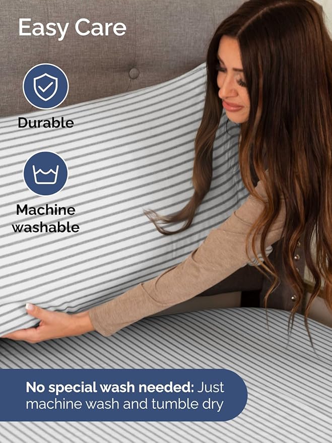 Extra Deep Split King Sheet Set - 5 Piece Breathable & Cooling Bed Sheets - Easily Fits 18 to 24 inch Mattress - Soft, Wrinkle & Fade Free w/ Extra Deep Pockets - Hotel Luxury Bedding - Grey Stripes 2