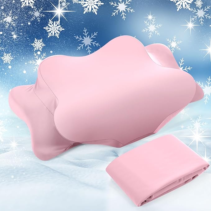 Hahafelt Cooling Cervical Neck Pillowcase Cover (Only Pillow Case) Ergonomic Pillowcase with Zipper Breathable Contour Pillow Cover for Side Back Stomach Sleepers(Pink,Standard Size)