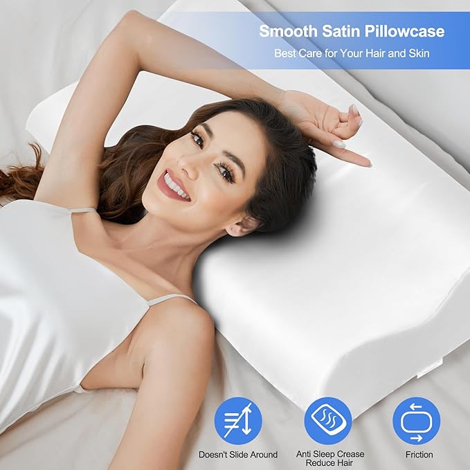 Satin Pillowcase for Contour Memory Foam Pillows, 24" x 14" x 5.1"/3.5" Cervical Pillow Case, Soft Pillow Cover for Sleeping Pillows (White)