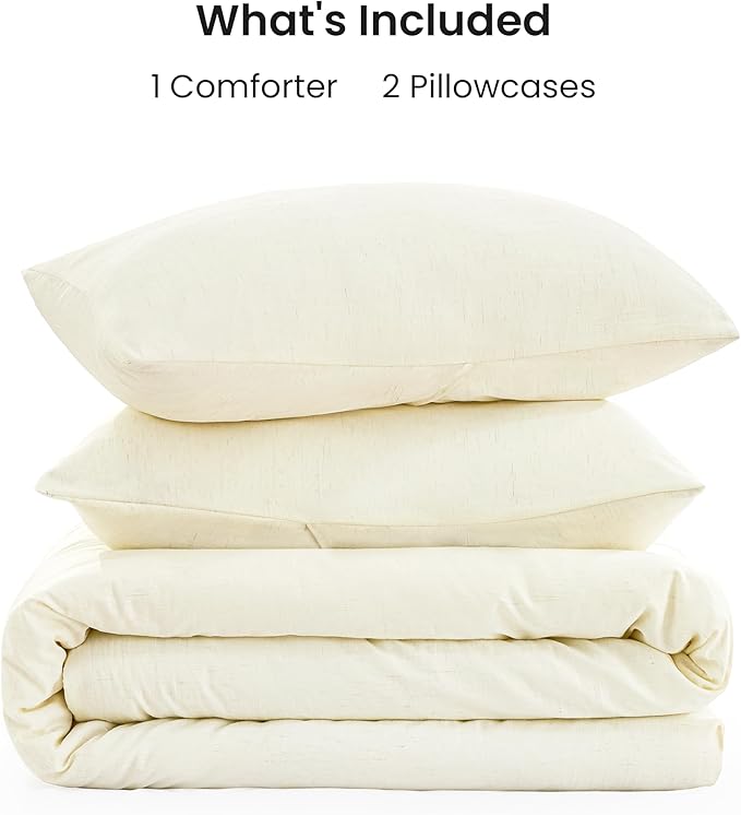 Love's cabin Full Size Comforter Set Beige, 3-Piece 90% Polyester 10% Linen Blend Bedding Set, Linen-Look Textured Stripe, Down Alternative All-Season Comforter with Pillow Shams | Soft, Breathable, Lightweight