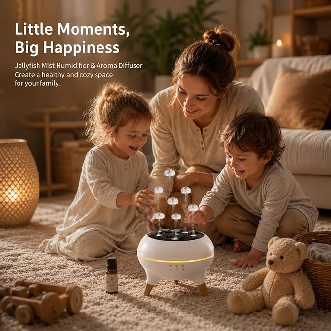 Mushroom Cloud Humidifier, Aromatherapy Essential Oil Diffuser with Sound-Activated Mode, 7-Smoke Modes Jelly Fog & Color LED, Large Water Tank with Auto-Shutoff, for Home Bedroom Office