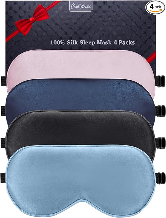 BeeVines Sleep Mask, 4 Packs 100% Real Natural Pure Silk Eye Masks with Adjustable Strap for Sleeping, Mulberry Silk Eye Sleep Shade Cover, Block Light Reduces Puffy Eyes Traveling Gifts