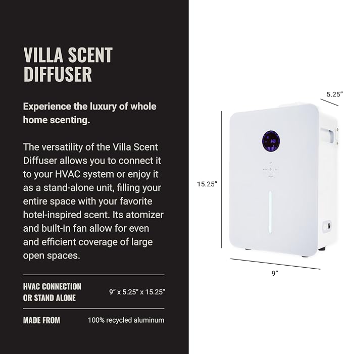 Hotel Collection - Villa Scent Diffuser - HVAC System or Stand Alone Fragrance Oil Diffuser - Heatless, Waterless, Smart Timer, No Residue, Security - Home Decor, Essential Oils - 1800 sq ft, White