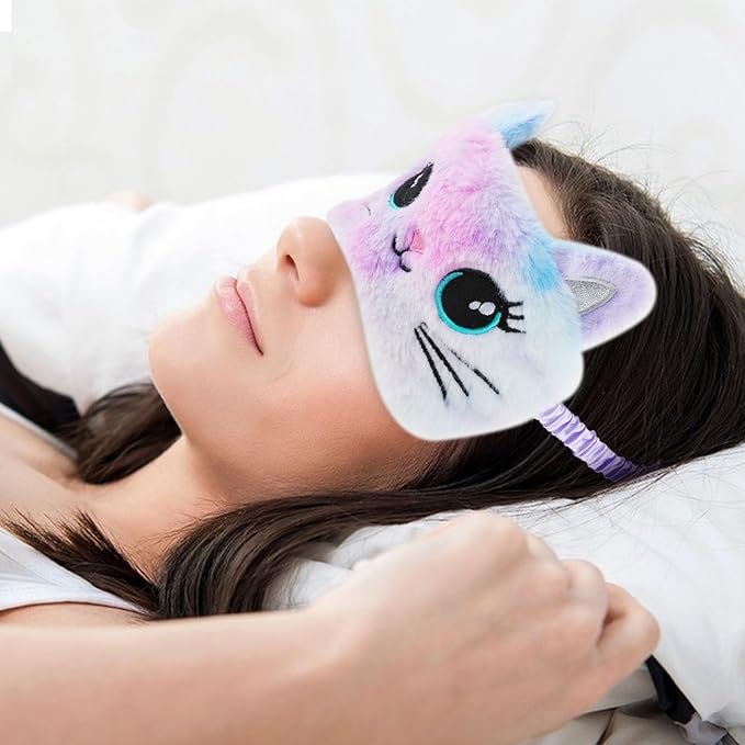2 Pcs Plush Eye Mask Soft Sleeping Blindfold Eye Cover Comfortable Cute Animal Sleeping Mask Satin Nap Night Eyeshade Cover for Women Men Gift (Colorful, Cat Style)