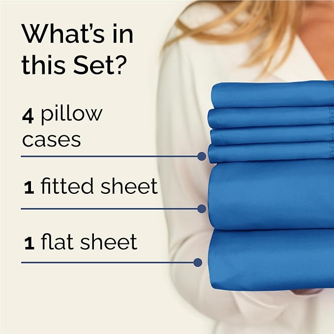 Full 6 Piece Sheet Set - Comfy, Breathable & Cooling - Hotel Luxury Bedding for Women, Men, Kids, Teens & Children - 1 Flat & 1 Fitted Sheet & 4 Pillowcases w/ Deep Pockets - Wrinkle Free - Royal Blue