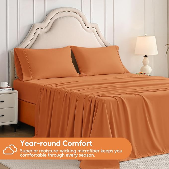 Queen Sheet Set, 4 Pieces Hotel Luxury Soft Microfiber Queen Bed Sheets Set, Up to 16" Deep Pockets, Oeko-Tex Sheets with Elastic, Breathable, Wrinkle Free (Pumpkin Orange, Queen)