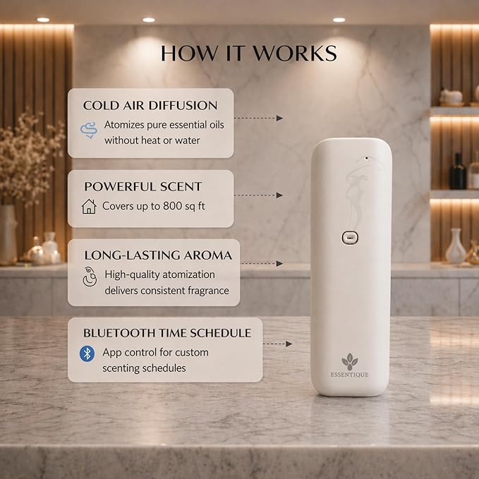 The Pulse Plug-in Waterless Diffuser – Cold Air Nebulizing Scent Machine for Home, Hotel, Office & Spa – w/Bluetooth for Essential Oil Blends (White)