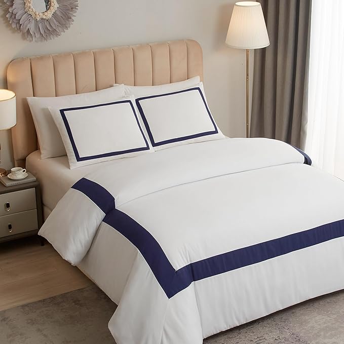 OSVINO Queen Duvet Cover Set - Hotel Collection Navy Blue Line Pattern Microfiber Bedding, 3 Pieces with Pillowcase, Soft Breathable with Zipper Closure, Lightweight All-Season, Comforter Not Included