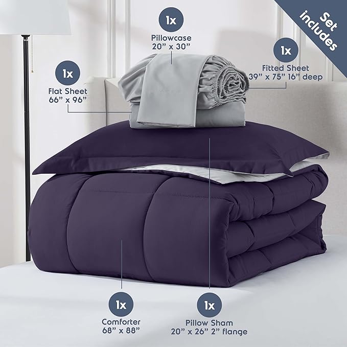 Nestl 7 Piece Twin Comforter Set – Purple Reversible Bed in a Bag – Complete Twin Size Bedding Set with Sheets, Set of 2 Down Alternative Pillows, Pillowcase and Sham