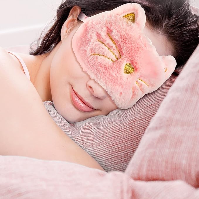 Geyoga 3 Pcs Sleep Mask for Kids, Girls Plush Sleeping Eye Cover Soft Eye Blindfold Cover Animal Shade for Kids(White, Pink and Rainbow Color,Cat Style)