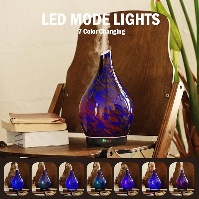 Porseme Essential Oil Diffuser Hand-Blown Glass Aroma Diffusor, Aromatherapy Unltrasonic Cool Mist deffuser, 7 Color Changing, Waterless Shut-Off, Timer Function for Home Office(280ml, Cobalt Blue)