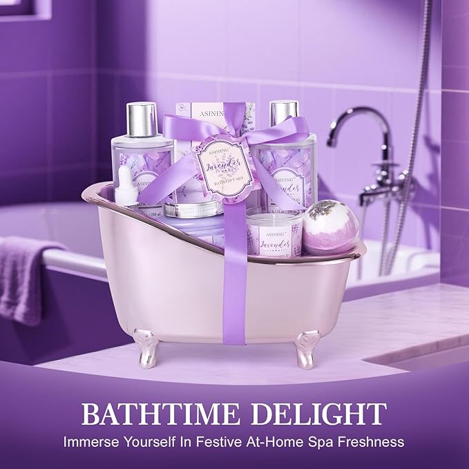 Spa Gift Basket for Women, Luxury Home Spa Kit, 8pcs Lavender Bath Gift Set, Gift Baskets for Women Unique with Bath Bombs, Sea Salt, Scented Lotions Birthday, Mother Day, Bridal Shower gifts