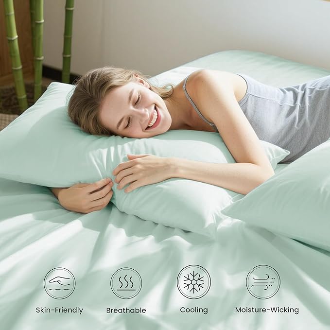 Love's cabin 4 Piece King Size Sheet Set, 100% Rayon Derived from Bamboo, Cooling & Breathable, Soft Silky Deep Pocket up to 16", Hotel Luxury Bedding for Hot Sleepers, Sea Glass