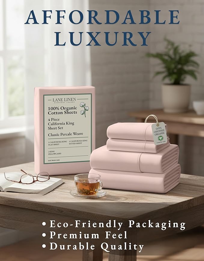 LANE LINEN 100% Organic Cotton Fully Elasticized California King Sheet Set, Low Pilling Fade Resistant Machine Washable Naturally Cooling Mercerized Soft & Comfy Cotton Sheets – Sepia Rose