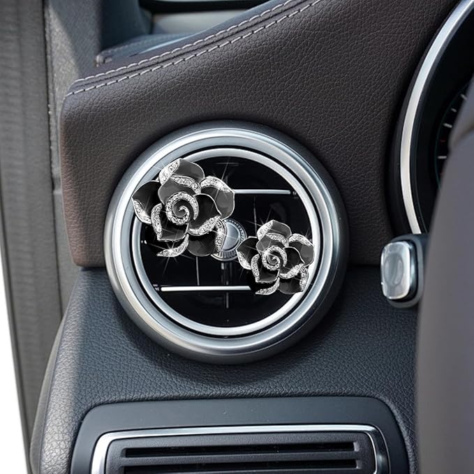 4PCS Bling Car Air Vent Clips, Flower Shiny Rhinestone Clip-on Vehicle Air Outlet Clamp, Sparkly Diamond Auto Interior Vent Decoration Clip, Universal for SUV Automobile Truck (Black)