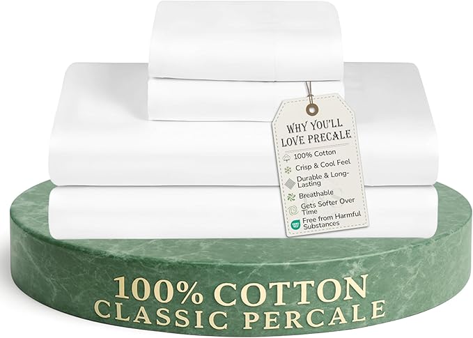 Feather & Stitch Softest 100% Cotton Sheets, 300 Thread Count Percale Weave Bedding, 16" Deep Pocket, Cooling Sheets, Breathable Bed Set, Hotel Premium Quality (Full, White)