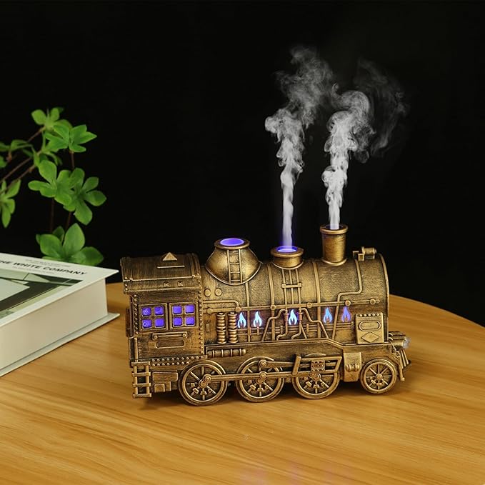 300ml Vintage Steam Train Aromatherapy Essential Oil Diffuser with Dual-Color LED Light, Train Oil Diffuser, 2 Mist Modes, Auto Shut-Off, Ultra-Quiet Humidifier for Home, Office (White,Two Colors)