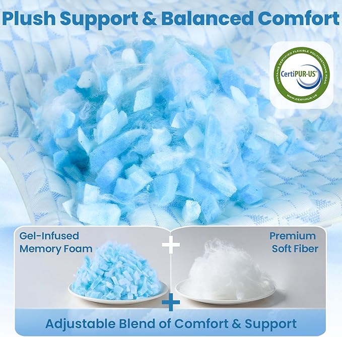 QUTOOL Firm Cooling Pillow Shredded Memory Foam(Adjustable Loft), Supportive Gel Pillow for Side, Back, and Stomach Sleepers, Washable Cover, Queen Size, for Parents Men