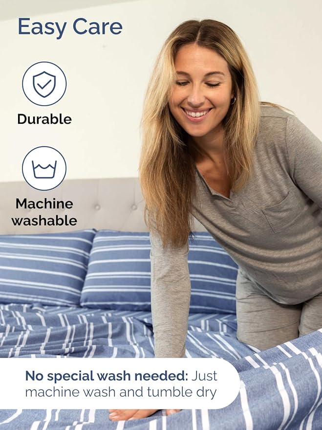 Extra Deep Split King Sheet Set - 5 Piece Breathable & Cooling Bed Sheets - Easily Fits 18 to 24 inch Mattress - Soft, Wrinkle & Fade Free w/ Extra Deep Pockets - Hotel Luxury Bedding - Blue Stripes 3