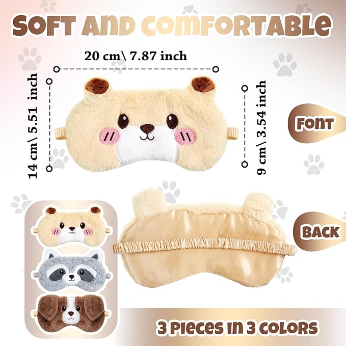 Geyoga 3 Pcs Sleep Mask for Kids, Girls Plush Sleeping Eye Cover Soft Eye Blindfold Cover Animal Shade for Kids(Colorful,Dog, Hamster, Raccoon Style)