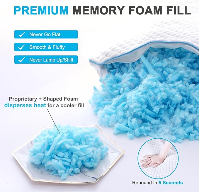VVZ Cooling Bed Pillows Standard Size Set of 2,Shredded Memory Foam Pillows with Gel, Adjustable Firmness for Side, Back, Stomach Sleepers, 20x26, White