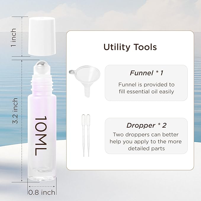 SESENSE Essential Oil Roller Bottles, 10ml Thick Glass Perfume Roller Bottles with Funnel Opener and Dropper Colored Glass Empty Bottles with Stainless Steel Roller Balls (White, 12 Pack)