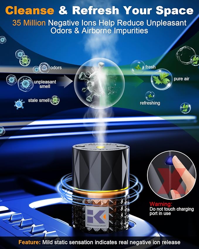 Smart Car Air Freshener | Negative Ion Car Aroma Diffuser | Car Air Freshener Diffuser with 3 Switchable Modes | Car Diffuser Auto Power-Off When Waterless | Glass Diffuser for Car, by Ikeda (Black)