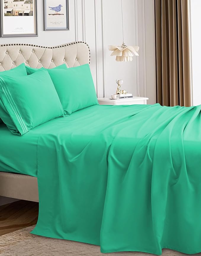 Mocassi Luxury Twin XL 4-Piece Sheet Set - 1800 Premium Hotel Quality - Easy-Fit, Wrinkle, Fade Resistant Bed Sheets and Pillowcases - All Around Elastic Fitted Sheet, Deep Pocket, Paradise Teal