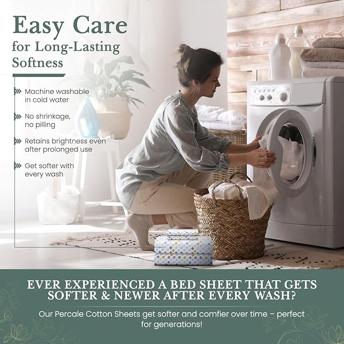 Feather & Stitch Softest 100% Cotton Sheets, 300 Thread Count Percale Weave Bedding, 16" Deep Pocket, Cooling Sheets, Breathable Bed Set, Hotel Premium Quality (King, Yellow Diamond)