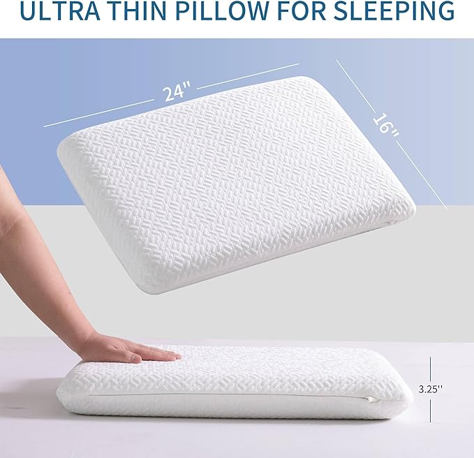 Ultra Thin, Flat Pillow for Sleeping 3.25 Inch Height, Thin Memory Foam Pillow for Stomach Sleeper, Slim Bed Pillow for Side and Back Sleepers, Standard Size