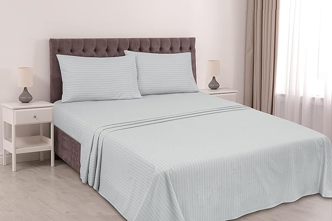 ROYALE LINENS 3 Piece Twin Sheets Set - Soft Brushed 1800 Microfiber Bedding - 1 Fitted, 1 Flat Sheet, 1 Pillow case - Wrinkle Free & Fade Resistant - Hotel Luxury Bed Sheets (Stripe Silver, Twin)