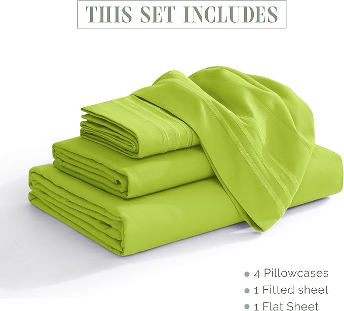 Elegant Comfort Luxurious 1500 Premium Hotel Quality Microfiber Three Line Embroidered Softest 4-Piece Bed Sheet Set, Wrinkle and Fade Resistant, Full, Lime
