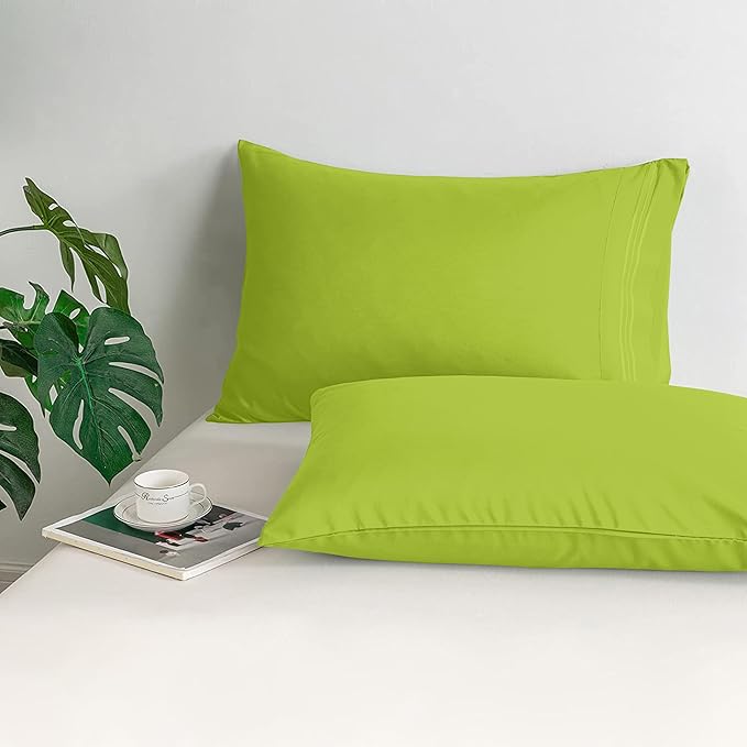 Mocassi 2-Piece Premium King Pillowcase Set 1800 Series Hotel Quality Microfiber - Soft and Breathable with 3-Line Embroidery Wrinkle and Stain Resistant, Easy Care, 20" x 40", Lime