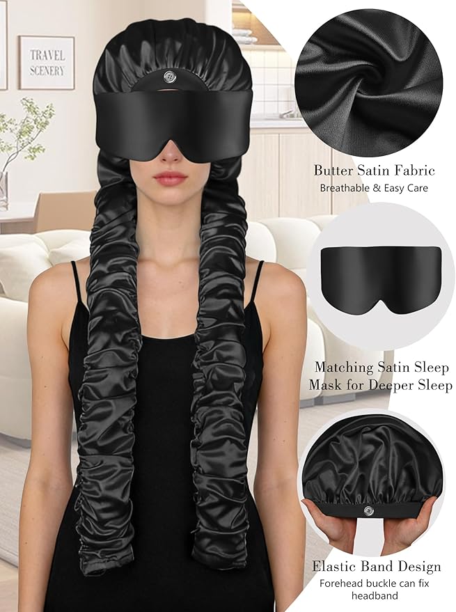 Satin Bonnet for Sleeping with Eye Mask，No Slip Sleep Bonnet with Long Curling Ribbons for Braids & Long Hair