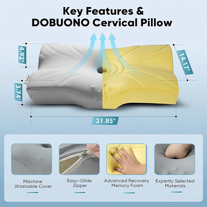 DOBUONO Cervical Neck Pillow - Side Sleeper Pillow for Neck Pain Relief, Odorless Memory Foam Pillow with Cooling Cover & Dual Height, Ergonomic Contour for Neck & Shoulder Support, Grey