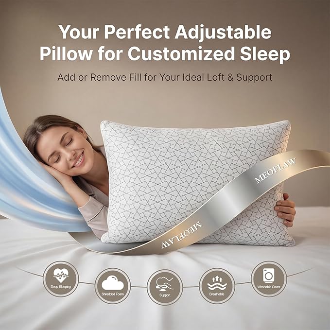 Meoflaw Adjustable Memory Foam Pillows: 2 Pack King Size Shredded Foam Bed Pillow for Sleeping with Removable & Washable Pillowcase for All Sleep Positions