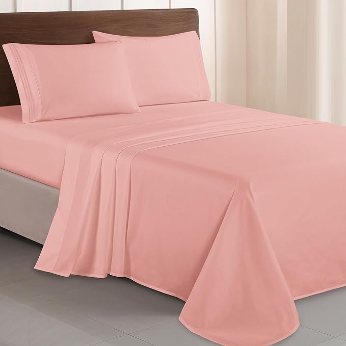 Elegant Comfort Luxurious 1500 Premium Hotel Quality Microfiber Three Line Embroidered Softest 4-Piece Bed Sheet Set, Wrinkle and Fade Resistant, Queen, Dusty Rose
