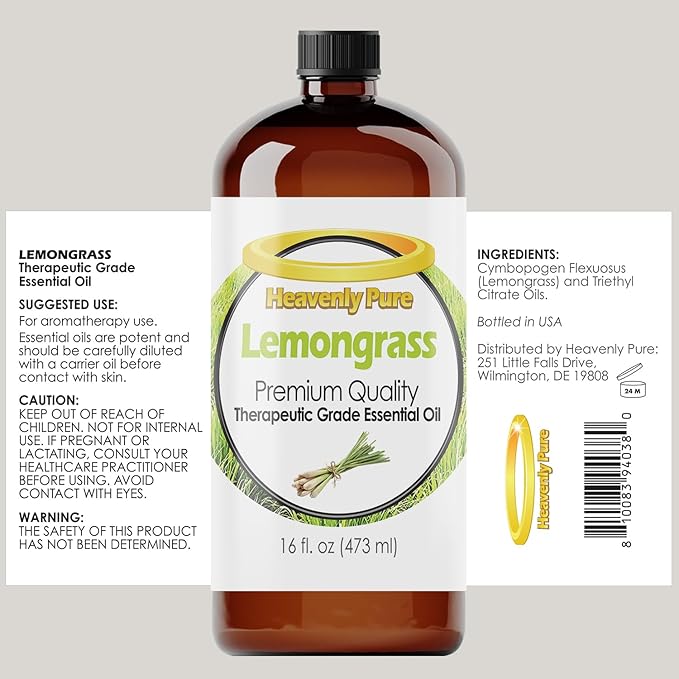 Heavenly Pure - Lemongrass Essential Oil 16 oz Large Bottle for Aromatherapy, Soaps, Candles, Diffuser, and Personal Care - 473 ml