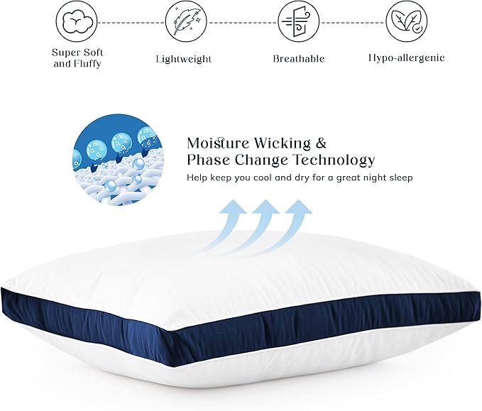 LUX Décor Gusseted Style Soft Hotel Pillows Set of 2 – for Side, Stomach & Back Sleepers - Down Alternative Hotel Bed Pillows – 100% Microfiber Cover, Virgin PSF Fill – Navy, Queen 26x18