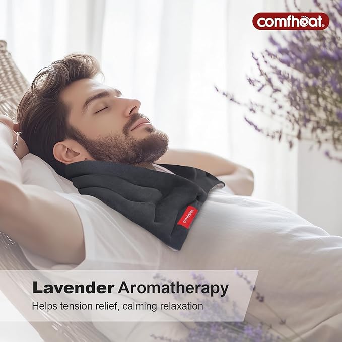 Neck Heating Pad Microwavable for Pain Relief, Moist Hot Compress Microwave Neck Warmer Wrap for Sore Muscles Relief, Lavender Aroma, 25 x 5.7 Inches, Gray