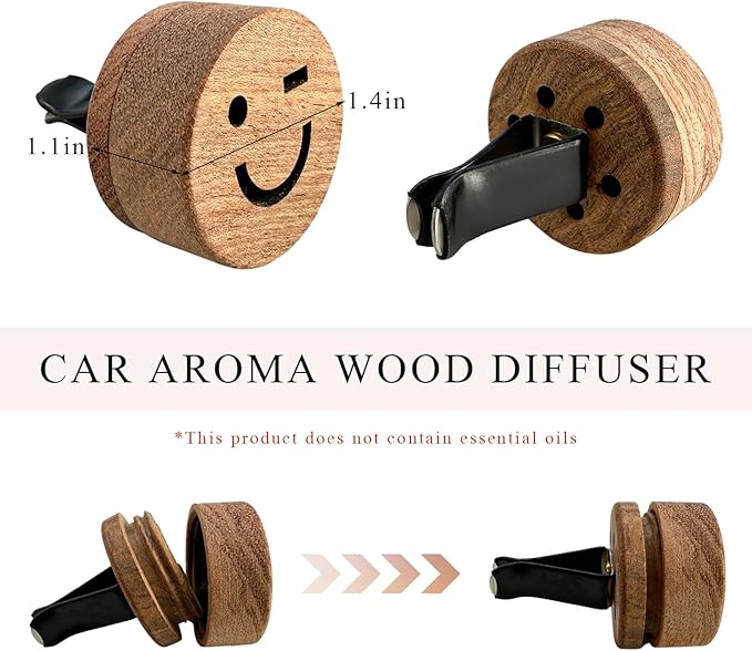 KVAEY 2 PCS Wood Car Essential Oil Diffuser, Wooden Aromatherapy Essential Oils Diffuser with Vent Clip, Wood Vent Clip Air Freshener for Vehicle Office Home Bedroom (Smile)