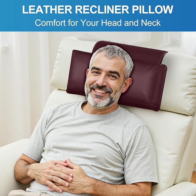 Leather Recliner Pillow, Adjustable Neck & Head Support Pillow, Pu Leather Non-Slip Headrest for Pain Relief & Relaxation, Ideal for Recliner Chair, Couch, Office Chair, Sofa